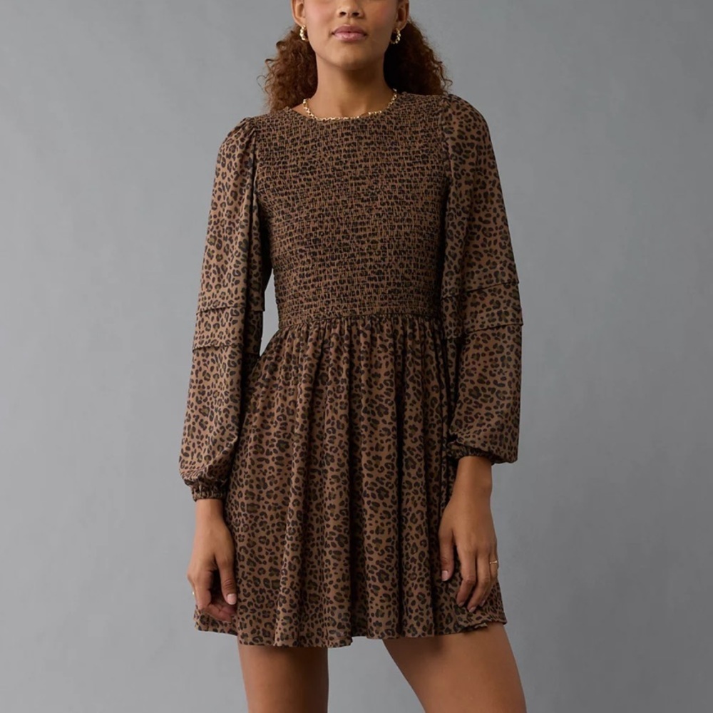 American Eagle Outfitters Leopard Printed Long Sleeve Mini Dress NEW